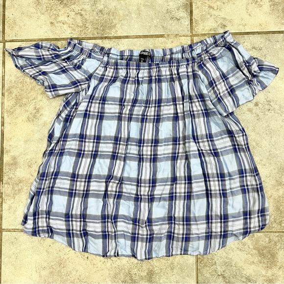 Express Periwinkle Blue Plaid Elastic Neckline Off The Shoulder Blouse Size XS - Picture 4 of 8